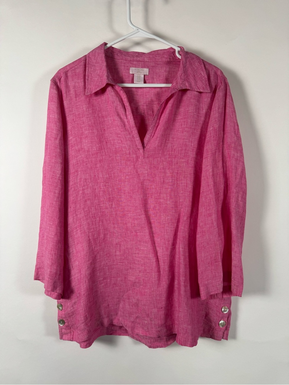 St. Tropez Pink Tunic Top Swim Cover 100% Linen MED Shell Buttons Beach Resort